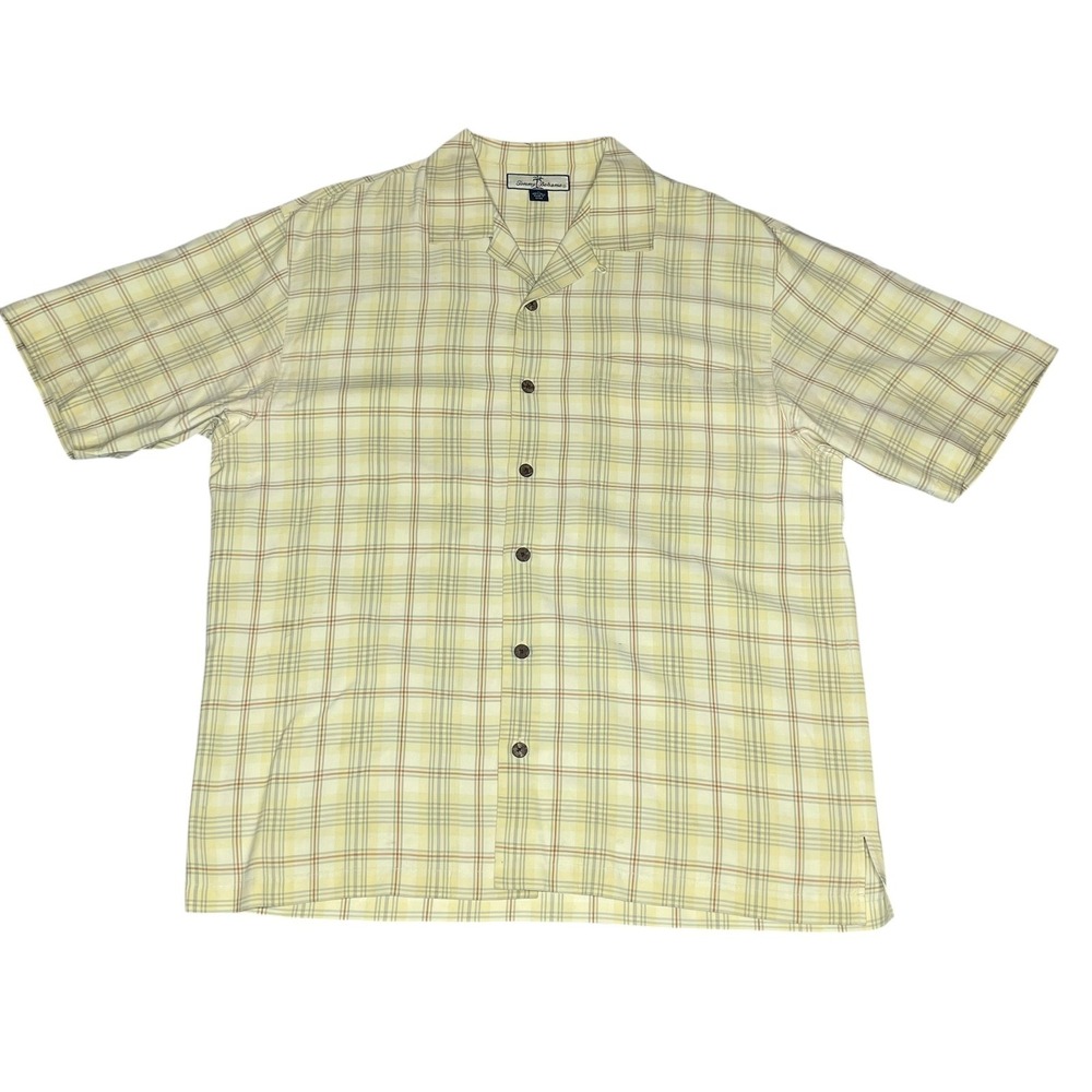 Tommy Bahama Mens XL‎ 100% Silk Short Sleeve Plaid Camp Shirt Yellow Tan Cream